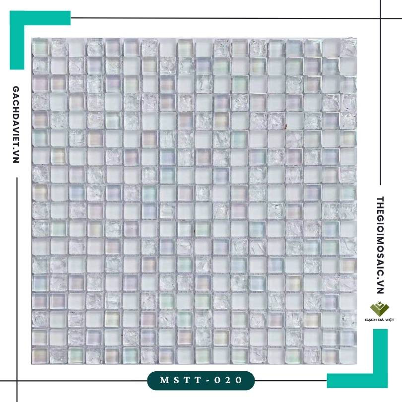 Gạch mosaic thủy tinh màu trắng rạn KT 15*15*8mm MSTT-020