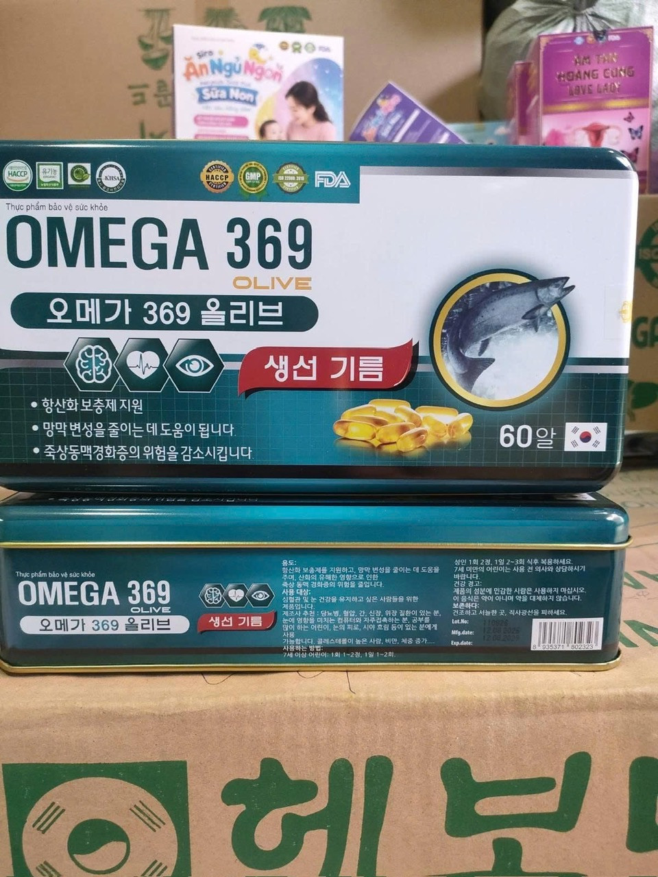 Omega 369 hộp thiếc xanh dương, chữ Hàn (H/60v)