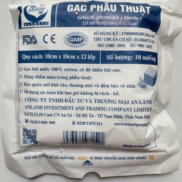 Gạc Phẫu Thuật 10Cmx10Cmx8Lớp An Lành (B/10Miếng)