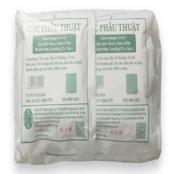 Gạc Phẫu Thuật 10X10Cmx 8Lớp _Trường Mạnh (Bịch/10 Gói)