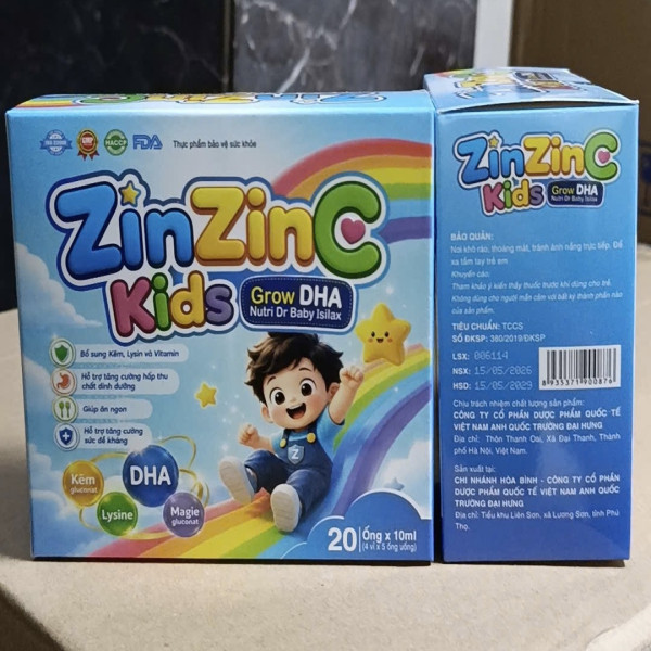 Kẽm Ống Zinzinc Kid Grow Dha Xanh Biển Hộp 20 Ống * 210 Ml