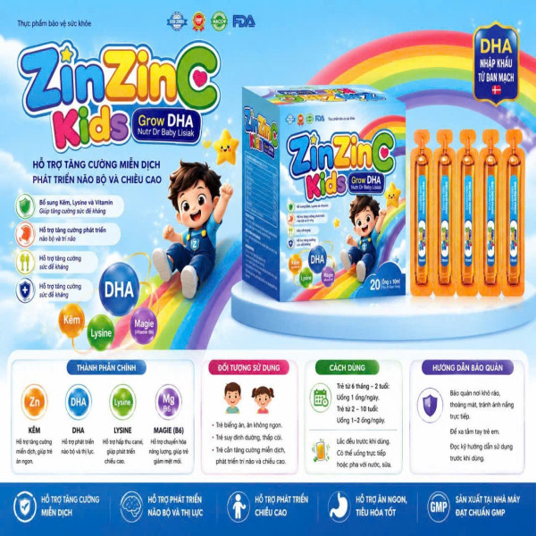 Kẽm Ống Zinzinc Kid Grow Dha Xanh Biển Hộp 20 Ống * 210 Ml