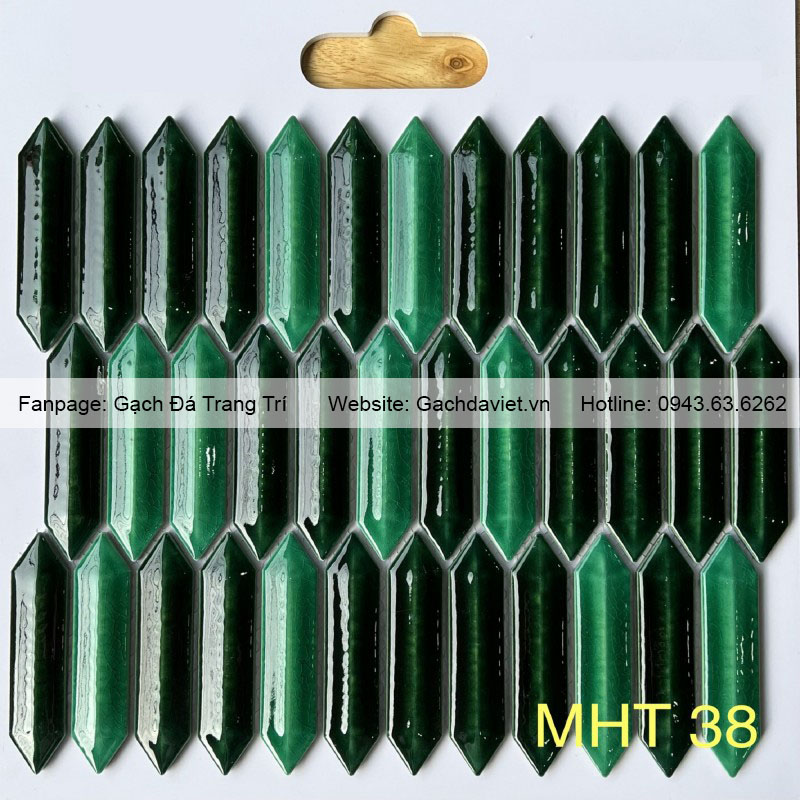 Gạch mosaic que diêm màu xanh lá đậm men rạn 1 lớp VMSQD38