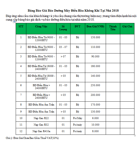 Bảng Báo Giá Bảo Dưỡng Điều Hòa Mới Nhất 2018 Bảng Báo Giá Bảo Dưỡng Điều Hòa Mới Nhất 2018